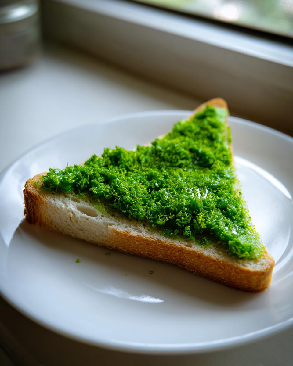 A single slice of white bread, cut diagonally, topped with bright green Benedictine sandwich spread on a white plate.