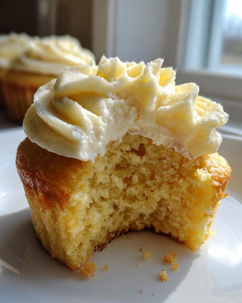 A close-up view of a lemon cupcake with a bite taken out, showing the moist crumb and creamy frosting.