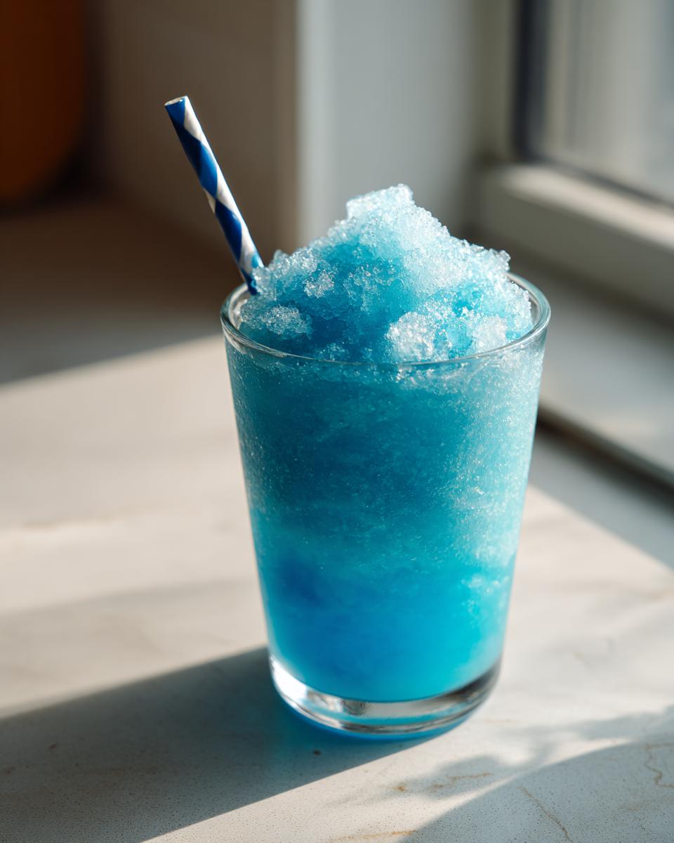 A tall glass filled with bright blue milk slush, topped high with ice crystals, featuring a blue and white striped straw.