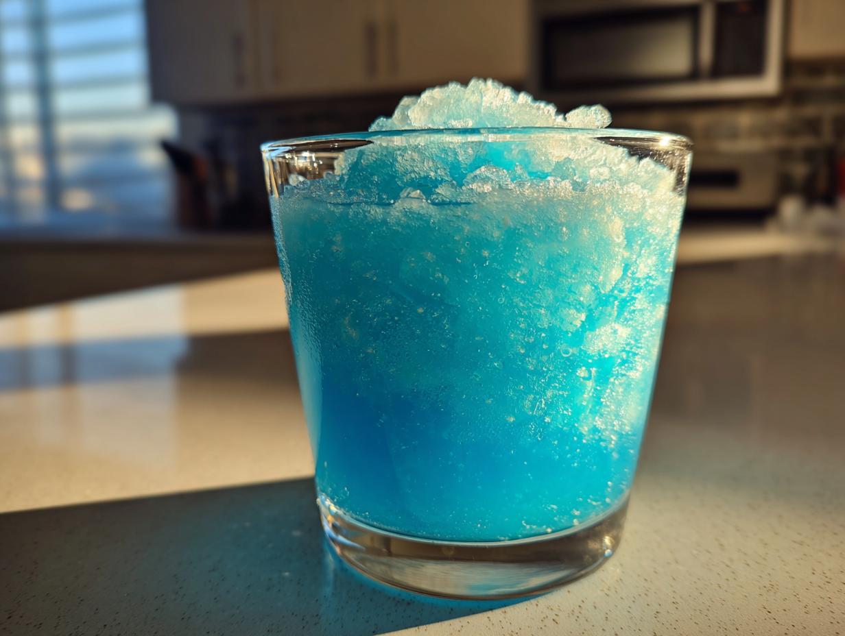 A close-up of a bright blue milk slush topped with shaved ice in a clear glass.
