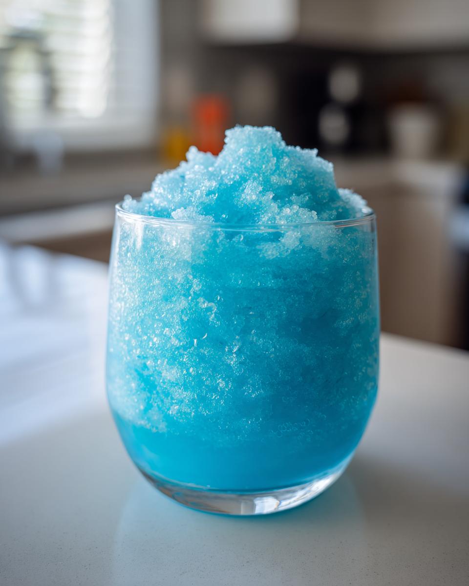 A close-up of a refreshing, bright blue milk slush piled high in a clear glass.