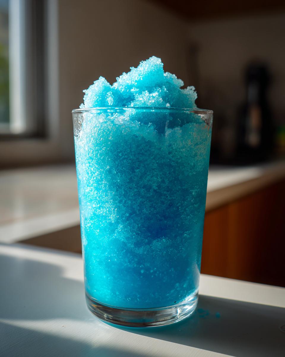 A tall glass filled with bright, icy Blue Milk Slush, illuminated by sunlight.