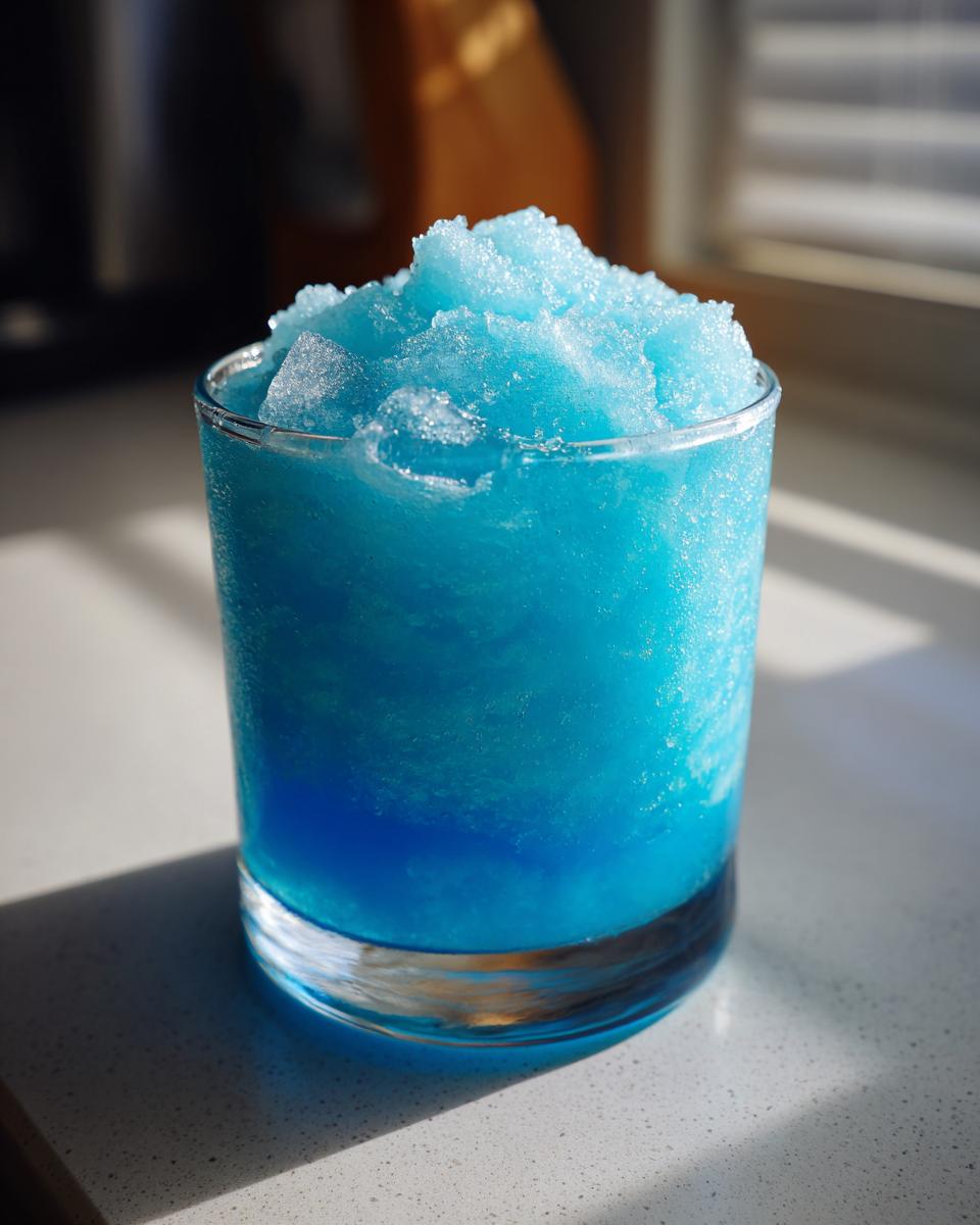 Close-up of a vibrant, icy Blue Milk slush served in a clear glass, topped high with shaved ice.
