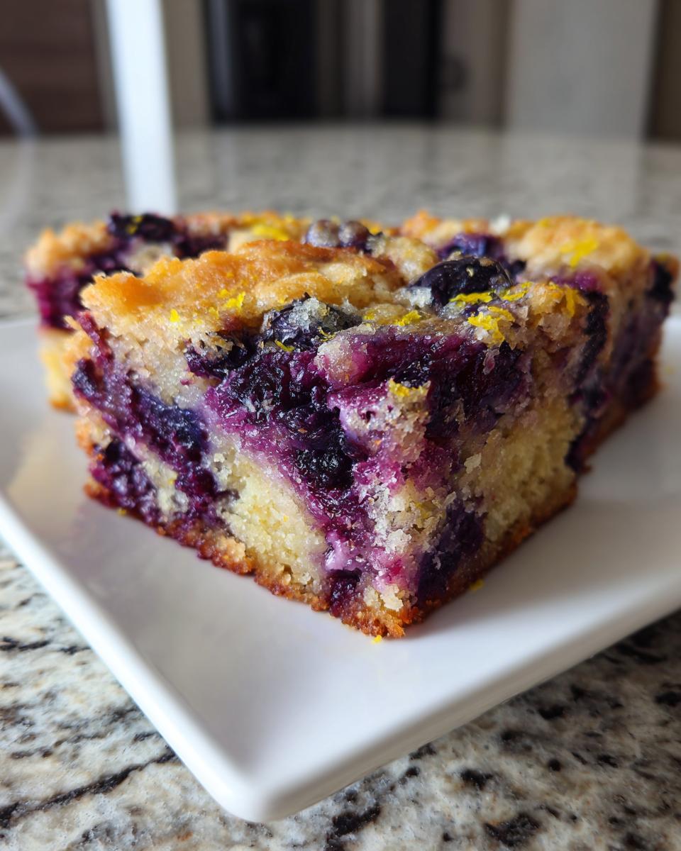 A thick, moist slice of blueberry lemon blondies showing vibrant purple blueberries baked into the yellow batter, topped with lemon zest.