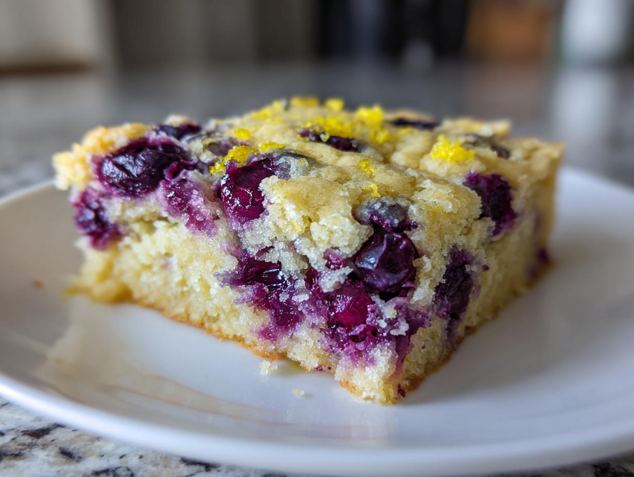 A single square of a moist Blueberry lemon blondies, topped with bright yellow lemon zest.