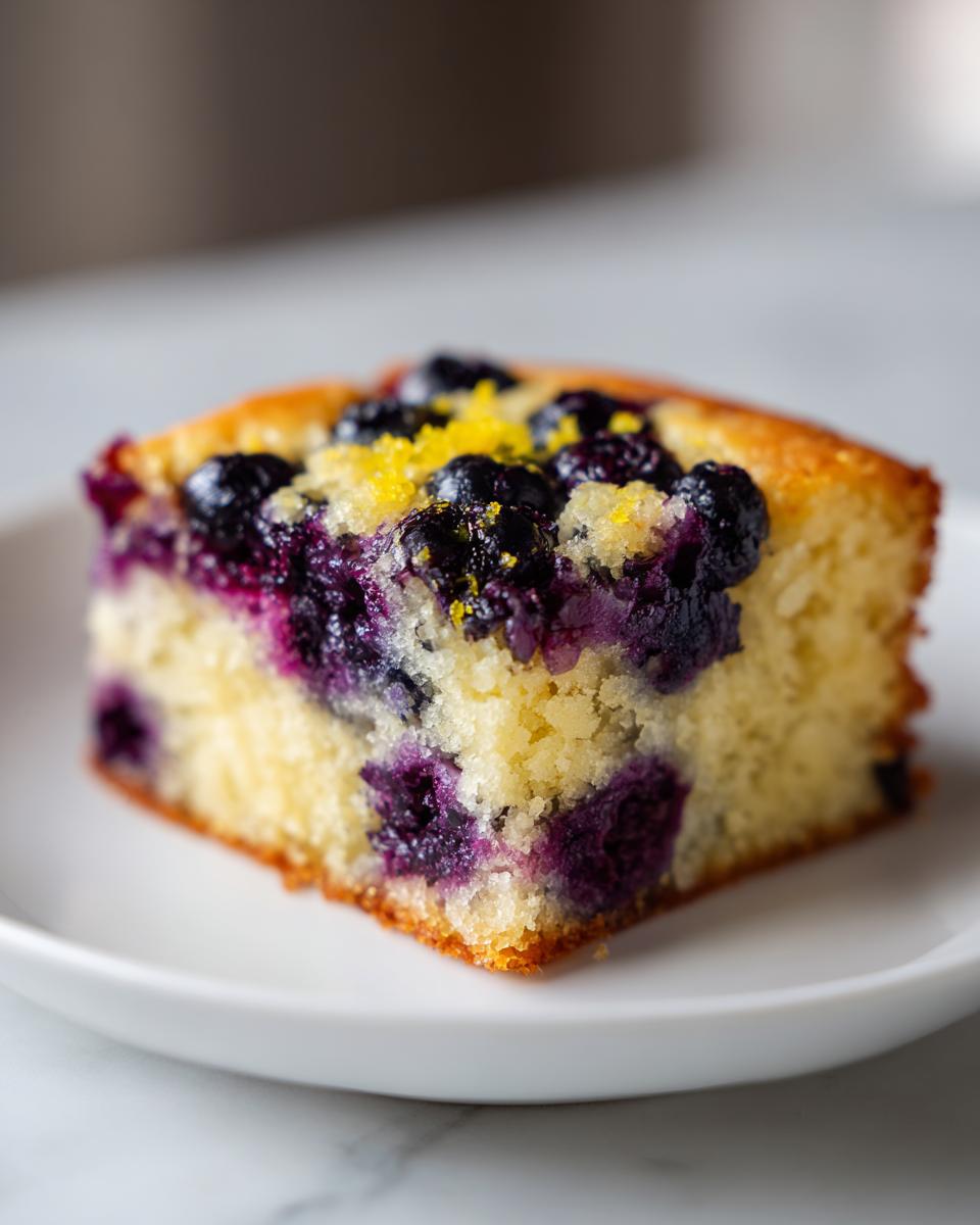 A square slice of moist Blueberry lemon blondies topped with fresh blueberries and lemon zest on a white plate.