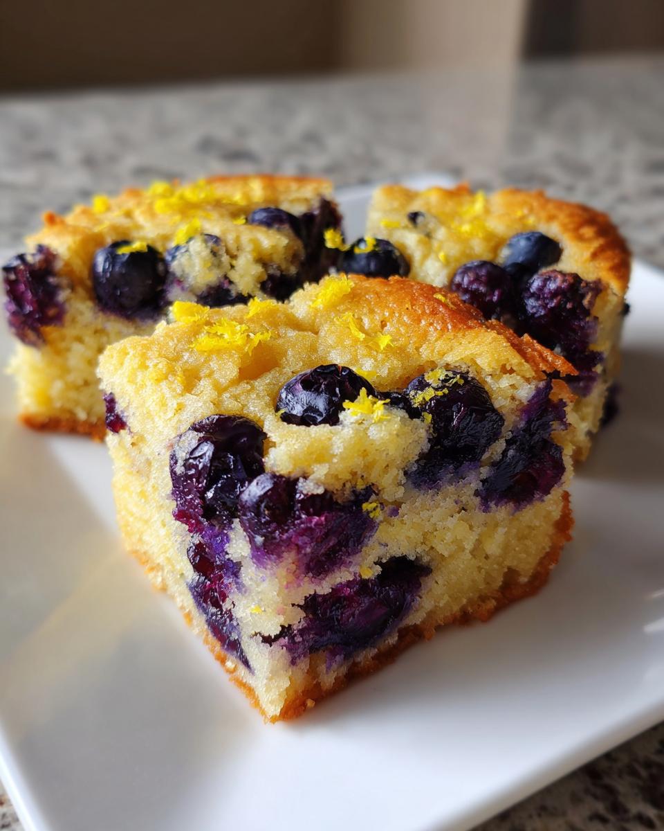 Three square slices of moist blueberry lemon blondies topped with fresh blueberries and lemon zest on a white plate.