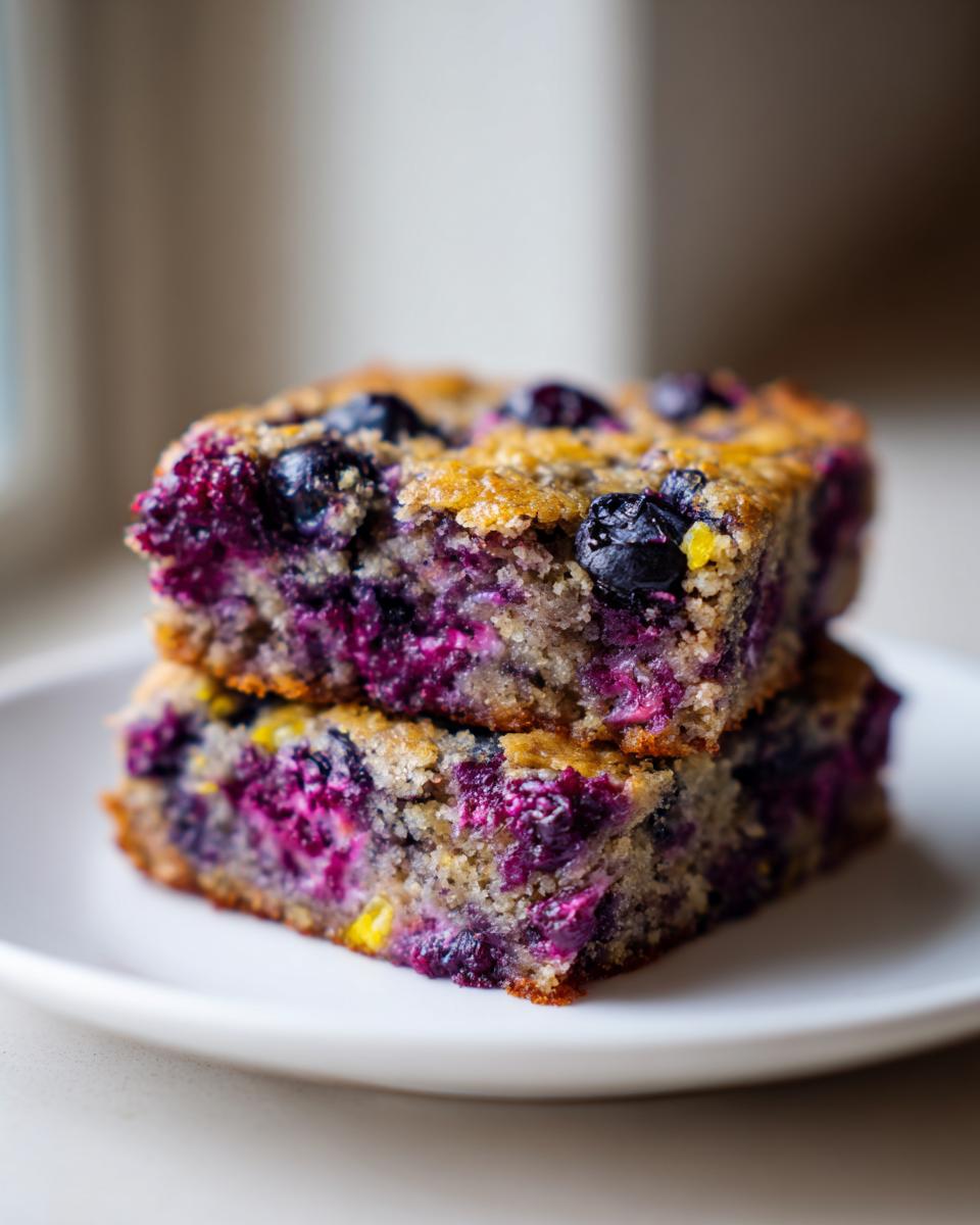 Two stacked squares of moist blueberry lemon blondies, rich with purple berries and a golden top.