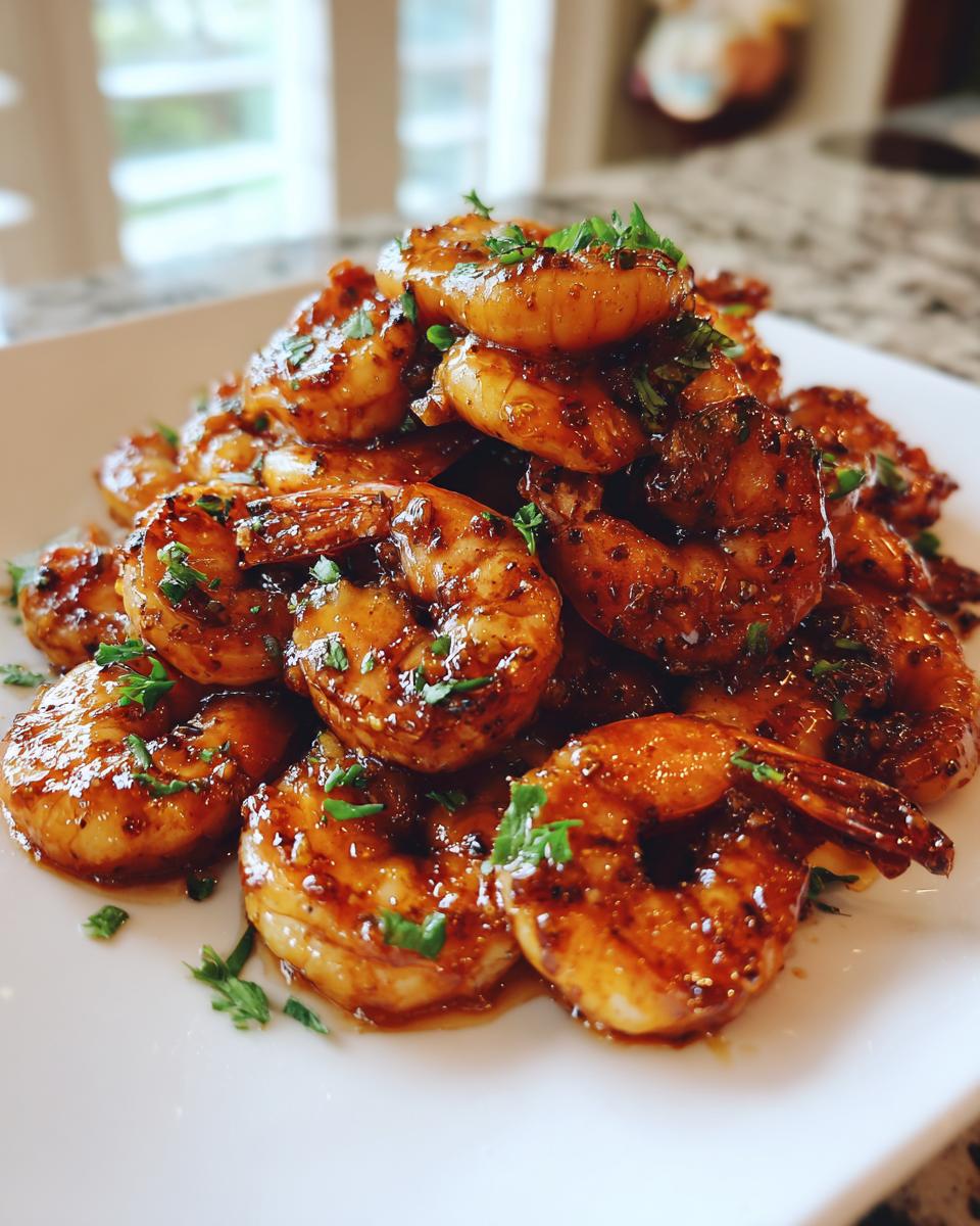 A mound of glossy, caramelized Bourbon shrimp garnished with fresh parsley on a white plate.