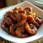 Close-up of glossy, glazed Bourbon shrimp garnished with fresh parsley in a white square bowl.