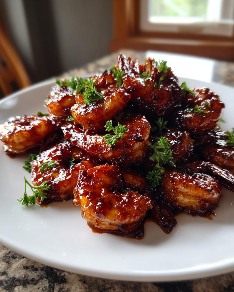 A mound of glossy, caramelized Bourbon shrimp garnished with fresh parsley on a white plate.