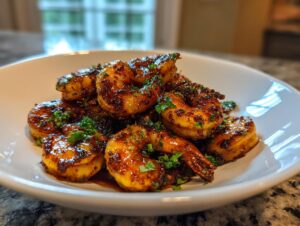 Close-up of a pile of glistening Bourbon shrimp coated in a dark glaze and sprinkled with fresh parsley, served on a white dish.