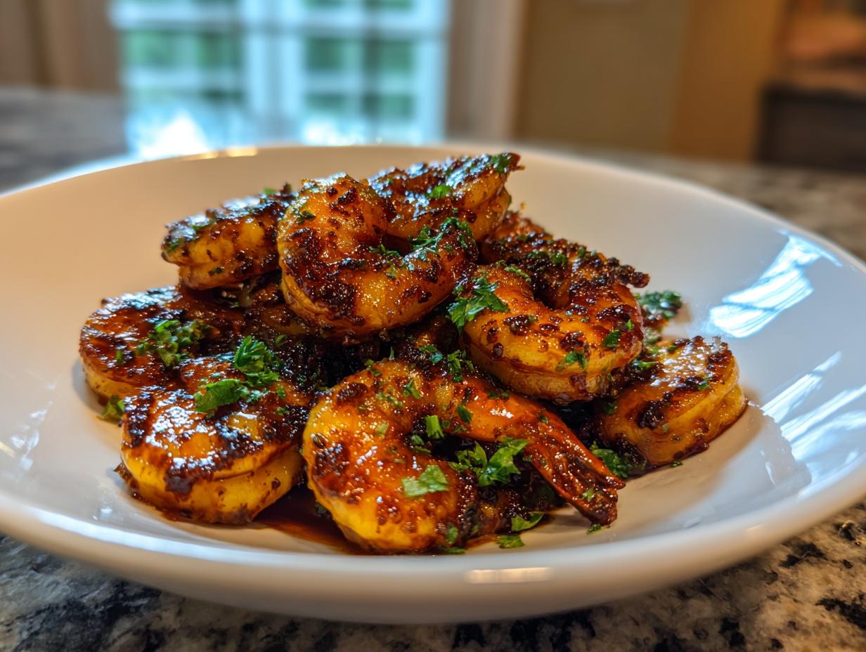 Close-up of a pile of glistening Bourbon shrimp coated in a dark glaze and sprinkled with fresh parsley, served on a white dish.