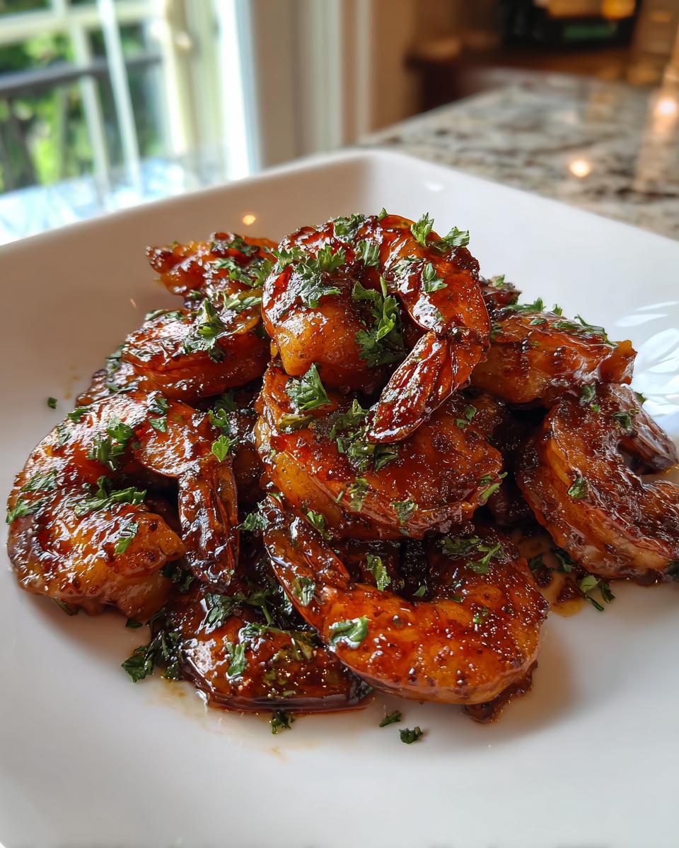 A close-up of glossy, glazed Bourbon shrimp piled high on a white plate and sprinkled with fresh parsley.