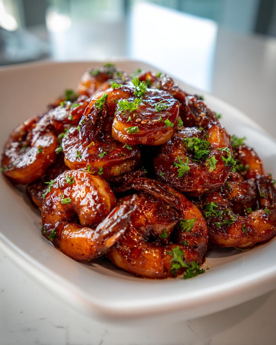 A close-up of glossy, caramelized Bourbon shrimp piled high on a white dish, garnished with fresh parsley.