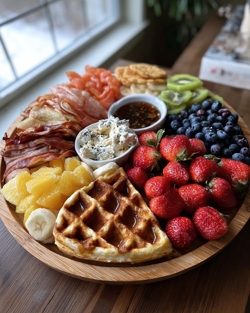 A stunning Breakfast Grazing Board featuring a waffle, strawberries, blueberries, bacon, smoked salmon, and cheese dips.