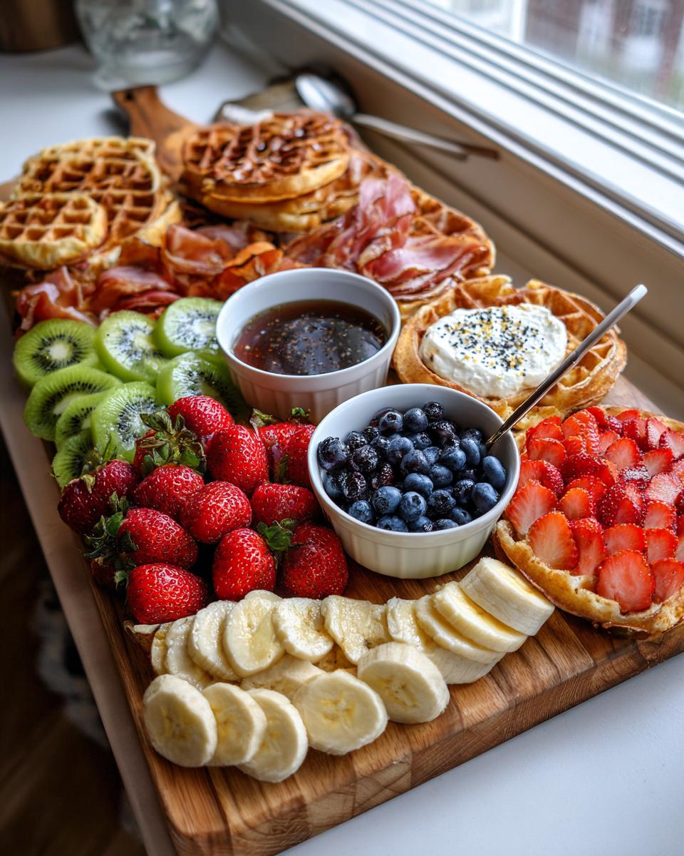 A vibrant Breakfast Grazing Board featuring waffles, prosciutto, strawberries, blueberries, kiwi, and bananas.