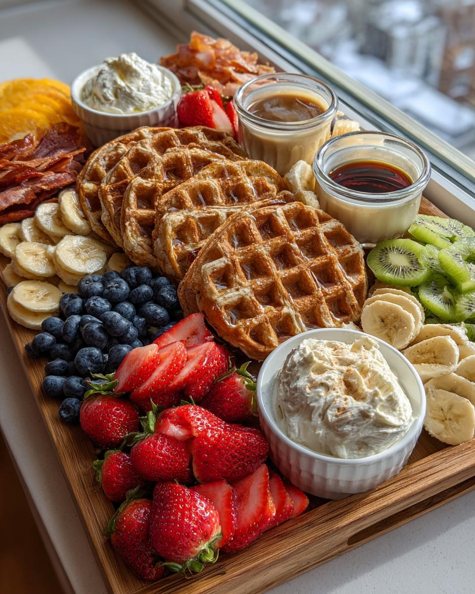 A vibrant Breakfast grazing board featuring golden waffles, fresh strawberries, blueberries, bananas, kiwi, bacon, and dips.