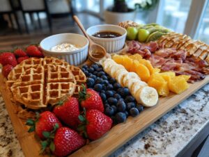 A vibrant Breakfast Grazing Board featuring waffles, fresh strawberries, blueberries, sliced bananas, oranges, prosciutto, and dips.