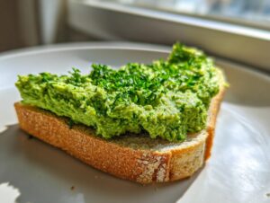 A thick layer of bright green Benedictine sandwich spread, topped with fresh parsley, served on a slice of toasted bread.
