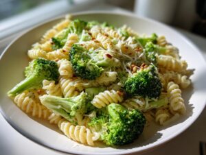A bright, close-up image of Broccoli caesar pasta salad featuring fusilli pasta, bright green broccoli florets, and grated Parmesan cheese.
