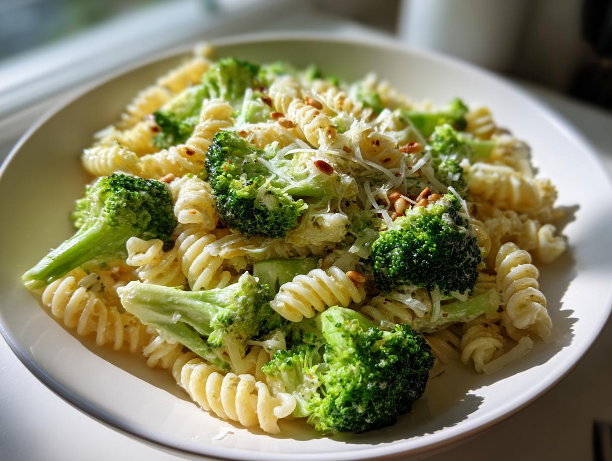A bright, close-up image of Broccoli caesar pasta salad featuring fusilli pasta, bright green broccoli florets, and grated Parmesan cheese.
