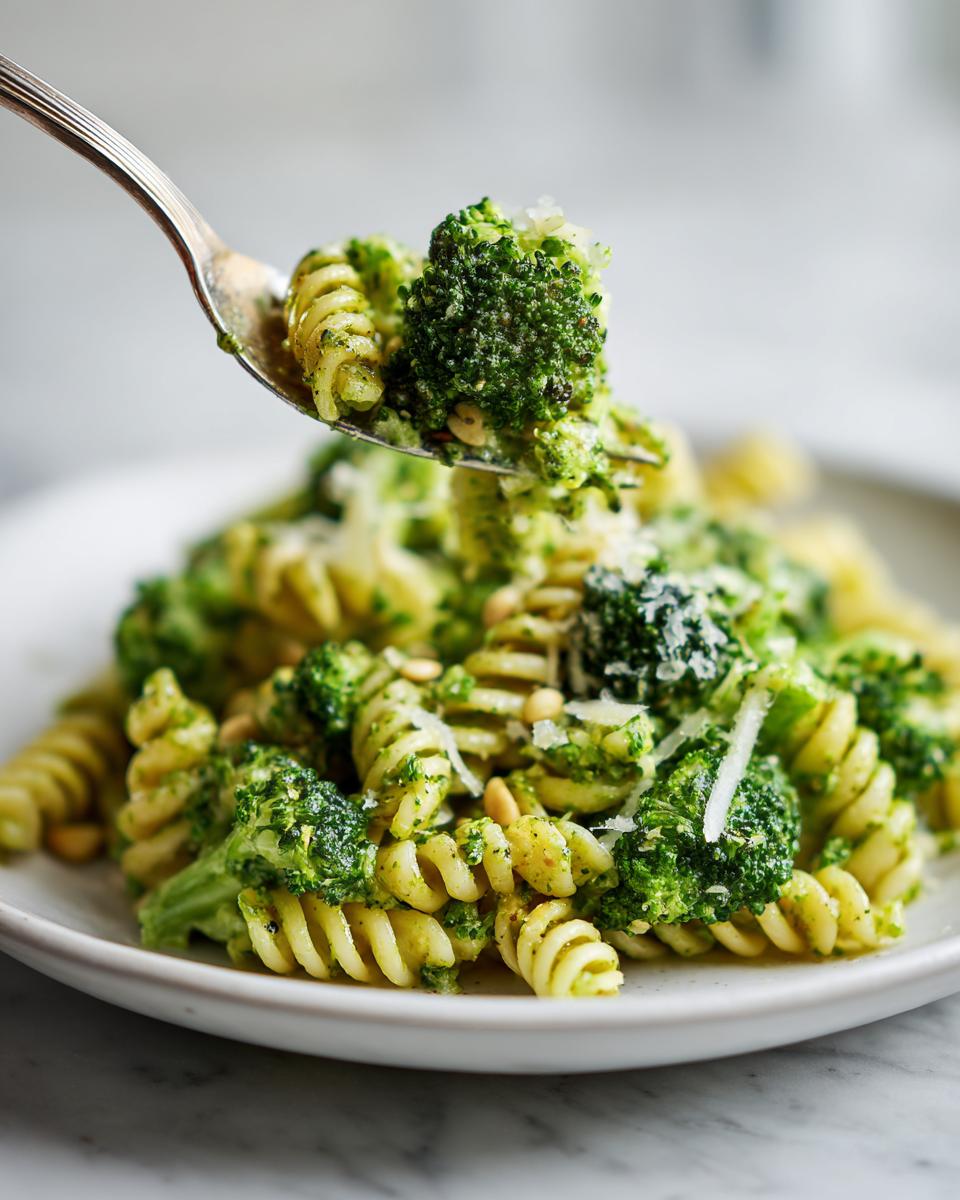 A fork lifting a bite of Broccoli caesar pasta salad featuring fusilli pasta, bright green broccoli florets, and grated cheese.