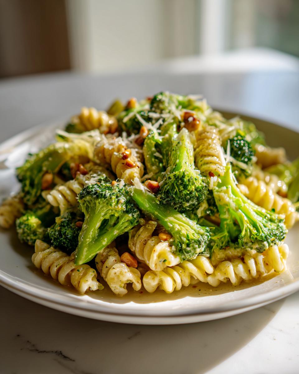 A close-up of Broccoli caesar pasta salad featuring fusilli pasta, bright green broccoli florets, and a creamy dressing, topped with Parmesan and pine nuts.
