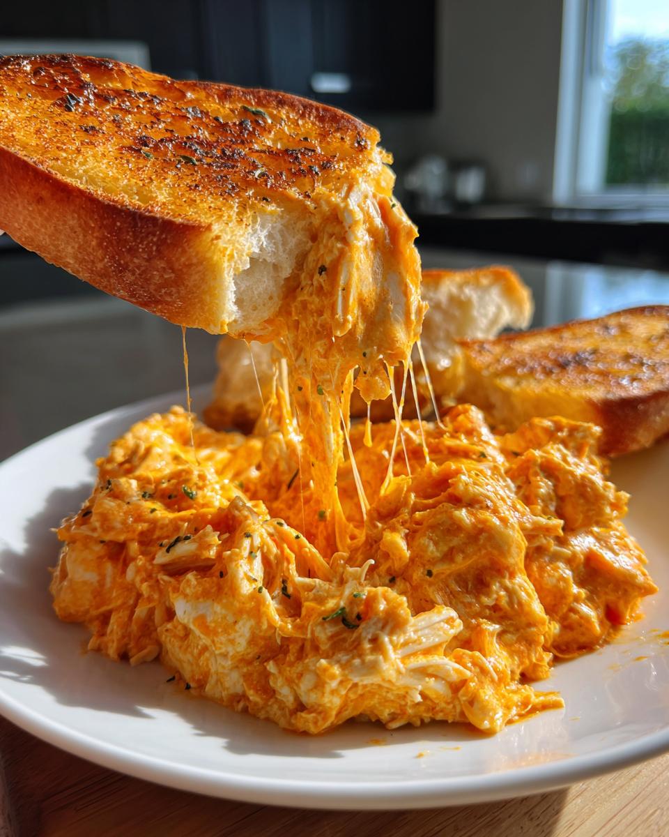 A piece of toasted bread is dipped into hot, cheesy Buffalo chicken dip, creating long, stretchy cheese pulls.