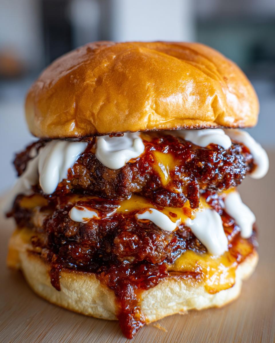 A close-up of a juicy double patty Buldak smash burger dripping with spicy red sauce and white creamy drizzle.