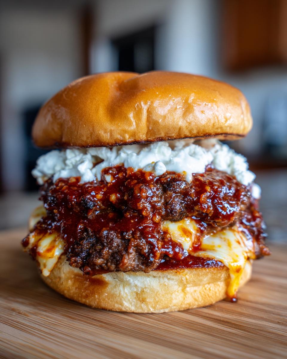 Close-up of a juicy Buldak smash burger featuring a smashed patty, melted cheese, spicy sauce, and a white topping on a brioche bun.