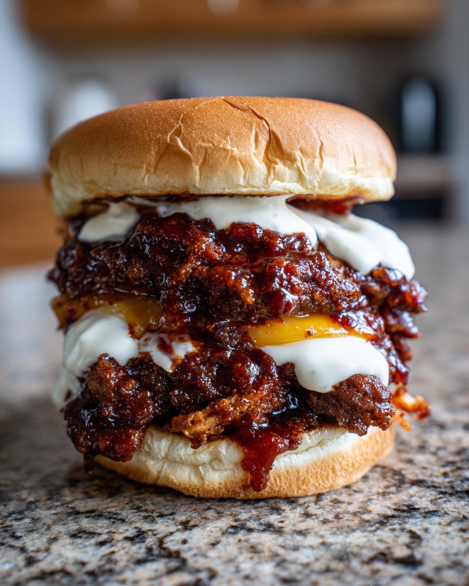A tall, messy Buldak smash burger featuring a brioche bun, spicy dark red sauce, white creamy sauce, and melted cheese.