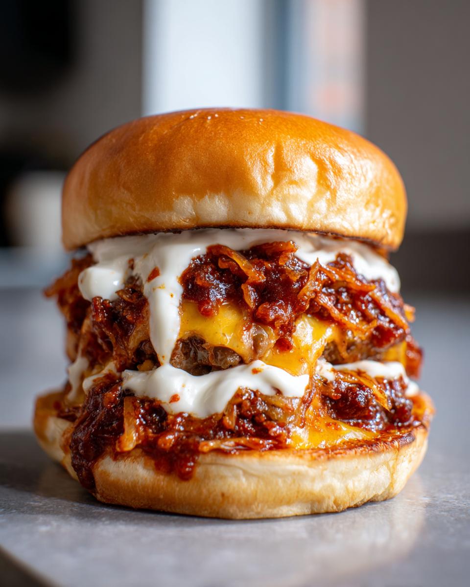 Close-up of a juicy Buldak smash burger featuring double patties, melted cheese, spicy caramelized onions, and white sauce on a brioche bun.