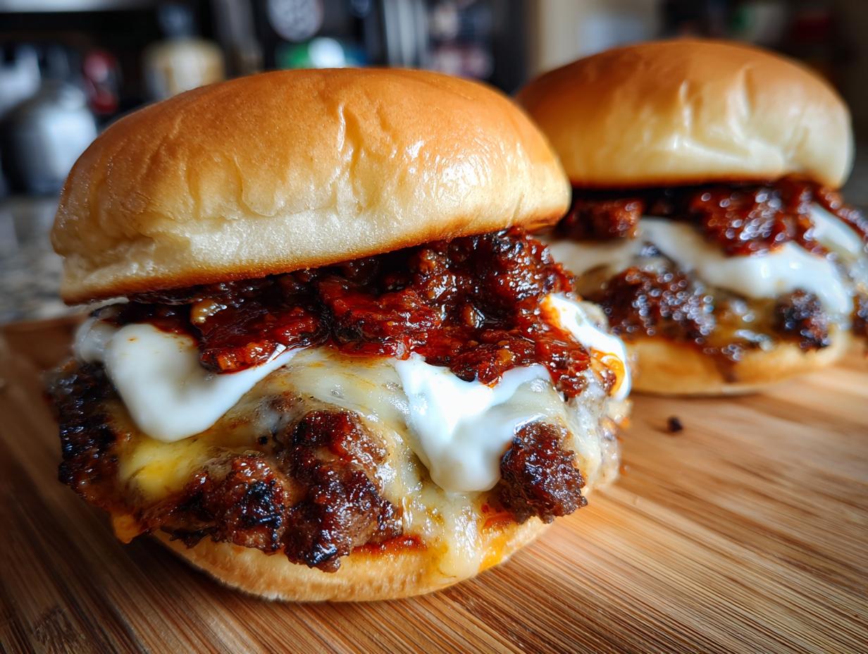 Close-up of a juicy Buldak smash burger featuring a crispy patty, melted white cheese, and spicy red Buldak sauce on a brioche bun.
