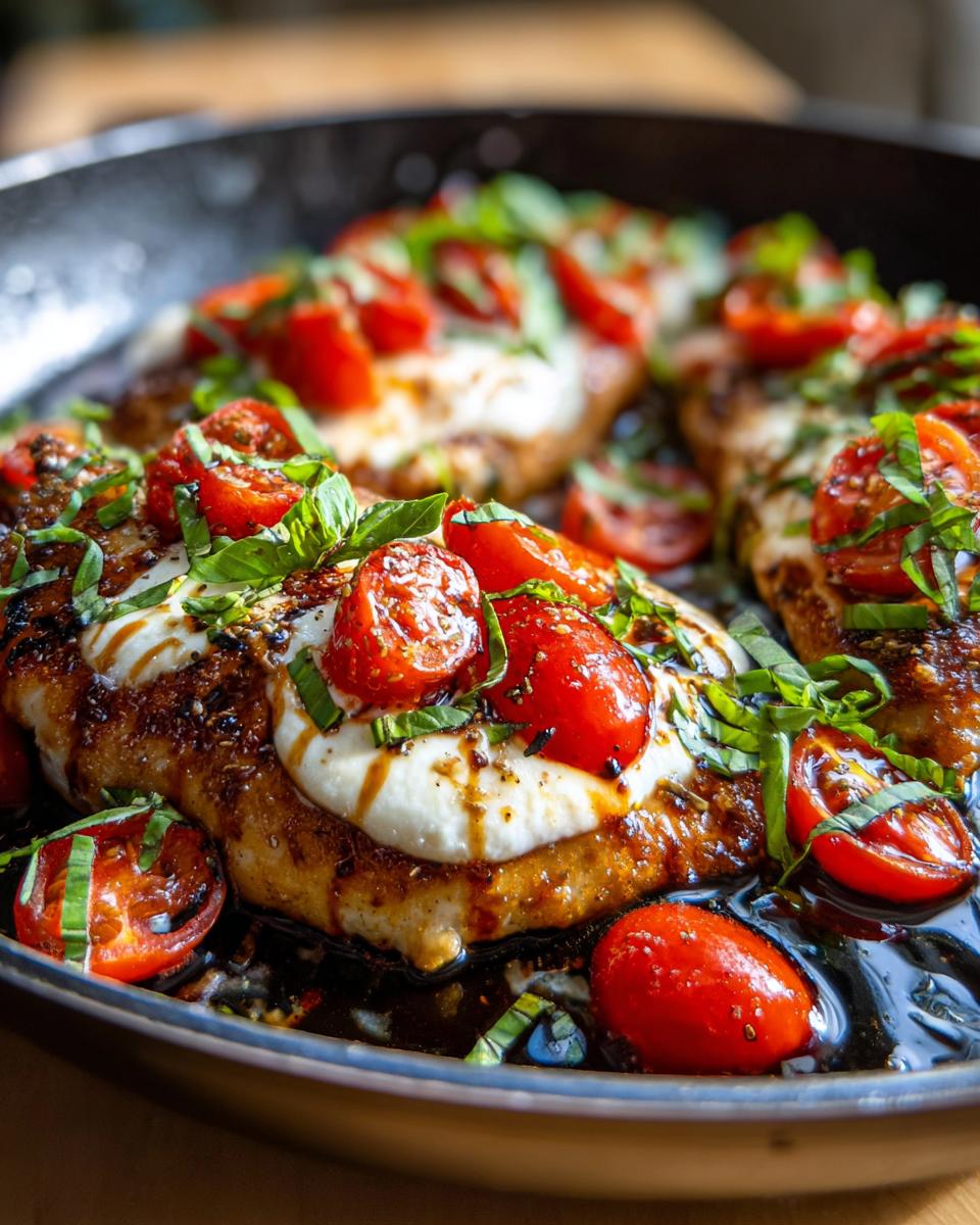 Close-up of juicy Caprese chicken skillet topped with melted mozzarella, cherry tomatoes, and fresh basil.