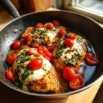 Three pieces of Caprese chicken skillet topped with melted mozzarella, cherry tomatoes, and fresh basil in a dark pan.