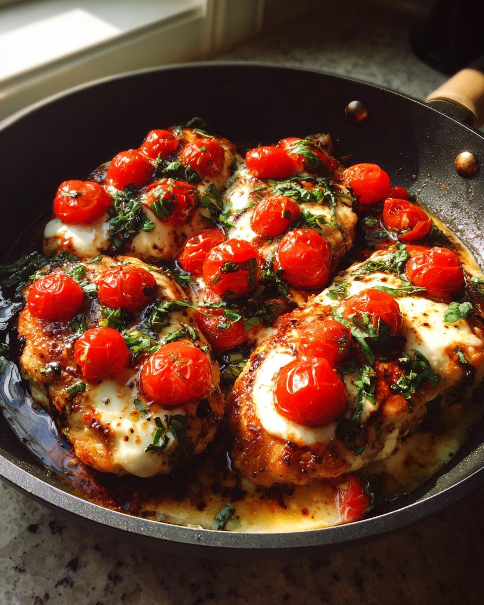 Four pieces of cooked Caprese chicken skillet topped with melted mozzarella, bright red cherry tomatoes, and fresh basil.