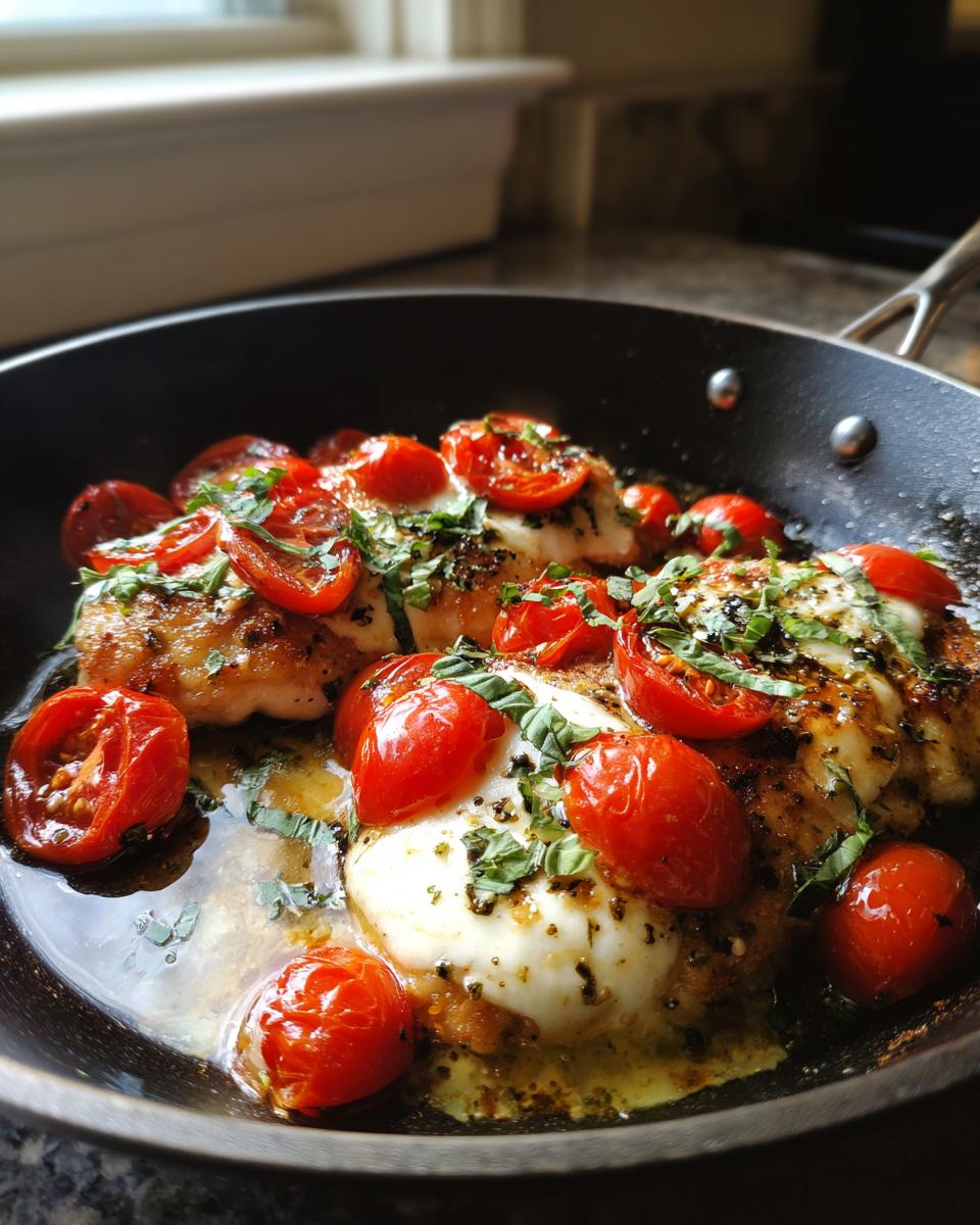 Close-up of three chicken breasts topped with melted mozzarella, halved cherry tomatoes, and fresh basil in a Caprese chicken skillet.