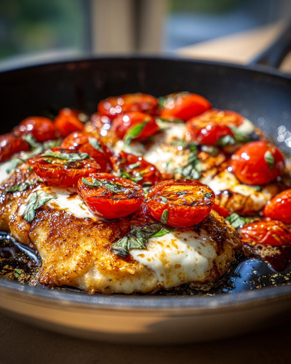 Close-up of seasoned chicken topped with melted mozzarella, roasted cherry tomatoes, and fresh basil in a skillet, showcasing the Caprese chicken skillet.