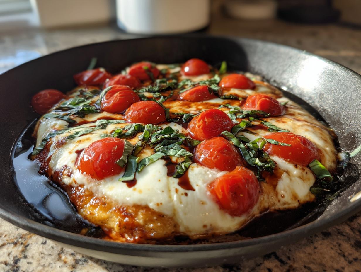 Close-up of melted mozzarella, cherry tomatoes, and basil topping on a Caprese chicken skillet.