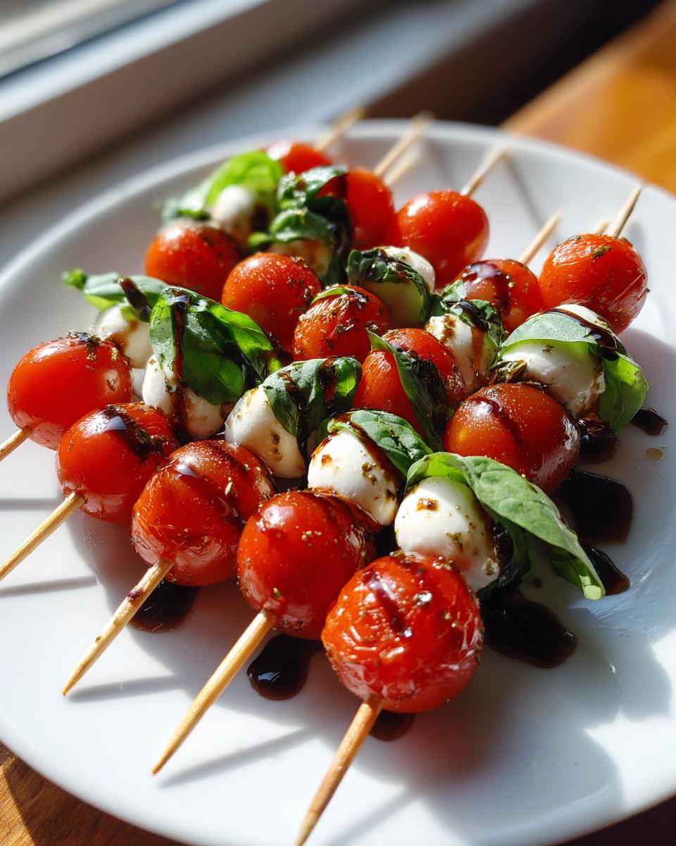 Close-up of several Caprese skewers featuring cherry tomatoes, mozzarella balls, and basil, drizzled with balsamic glaze.