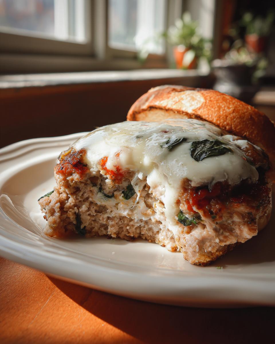Close-up of a Caprese turkey burger cut in half, showing the juicy interior, melted mozzarella, and basil topping.
