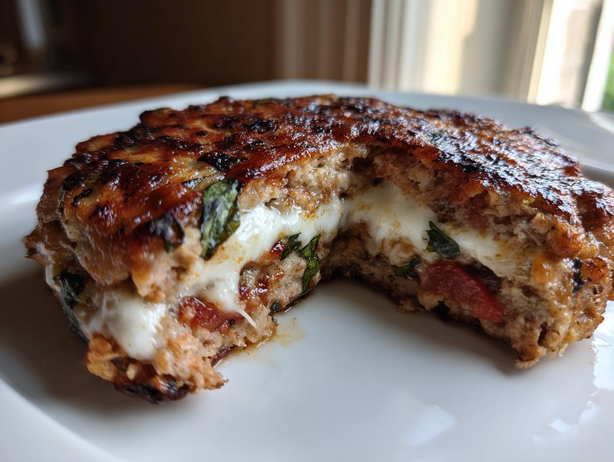 A close-up of a juicy Caprese turkey burger cut in half, revealing melted mozzarella cheese, basil, and tomato filling.