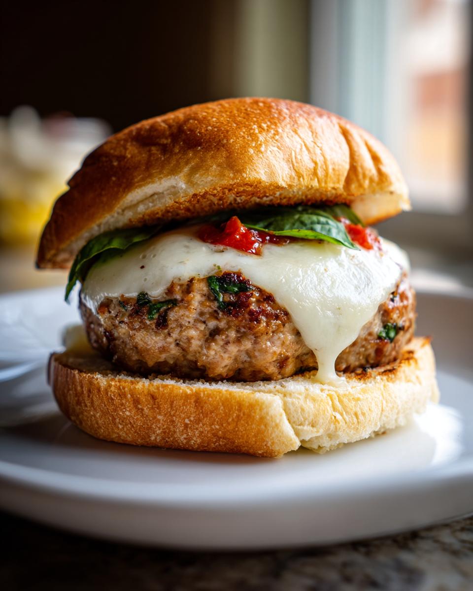 Close-up of a juicy Caprese turkey burger featuring melted mozzarella cheese, fresh basil, and a toasted bun.