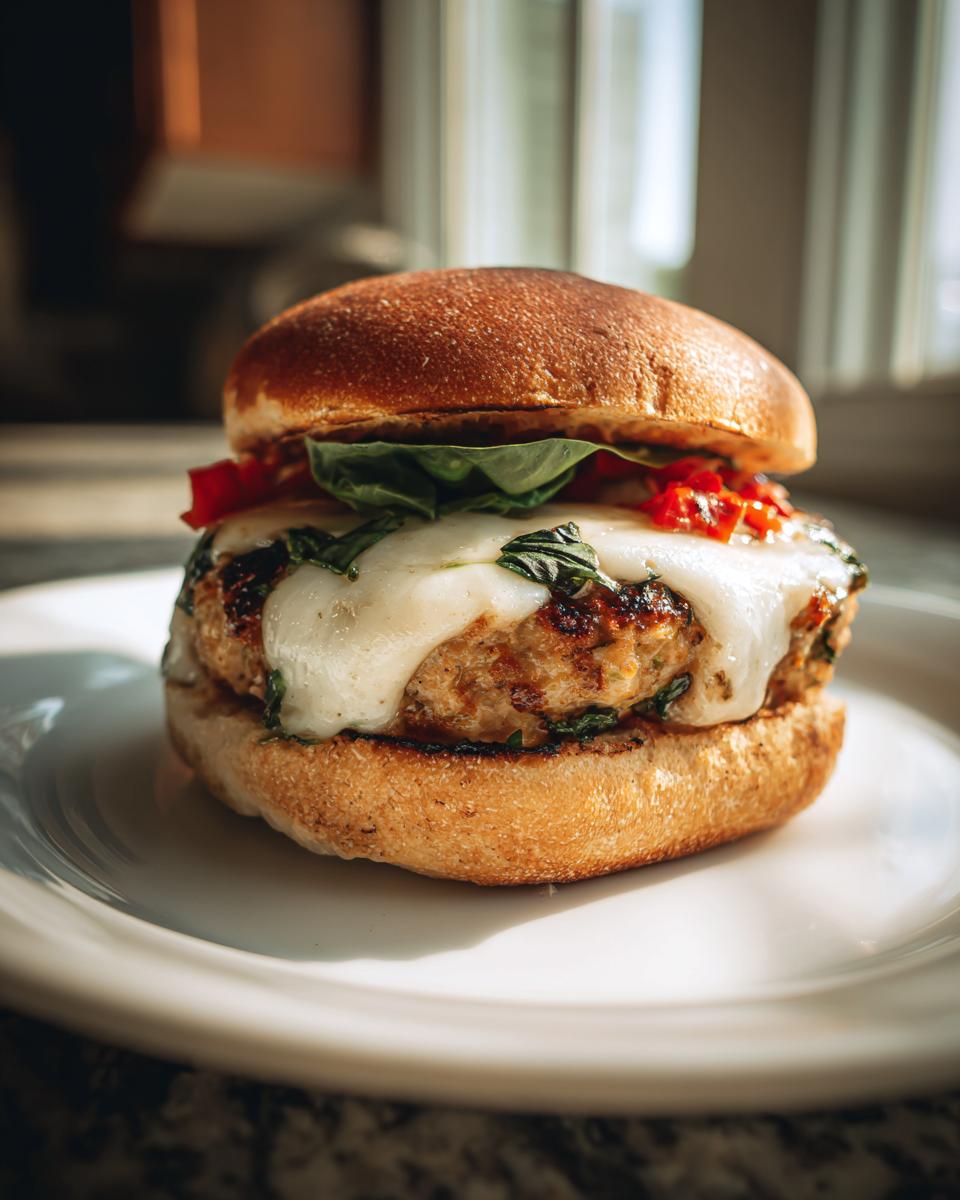 Close-up of a juicy Caprese turkey burger topped with melted mozzarella, basil, and sun-dried tomatoes on a toasted bun.