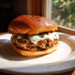 A juicy Caprese turkey burger patty topped with melted white cheese and herbs, served on a toasted bun.