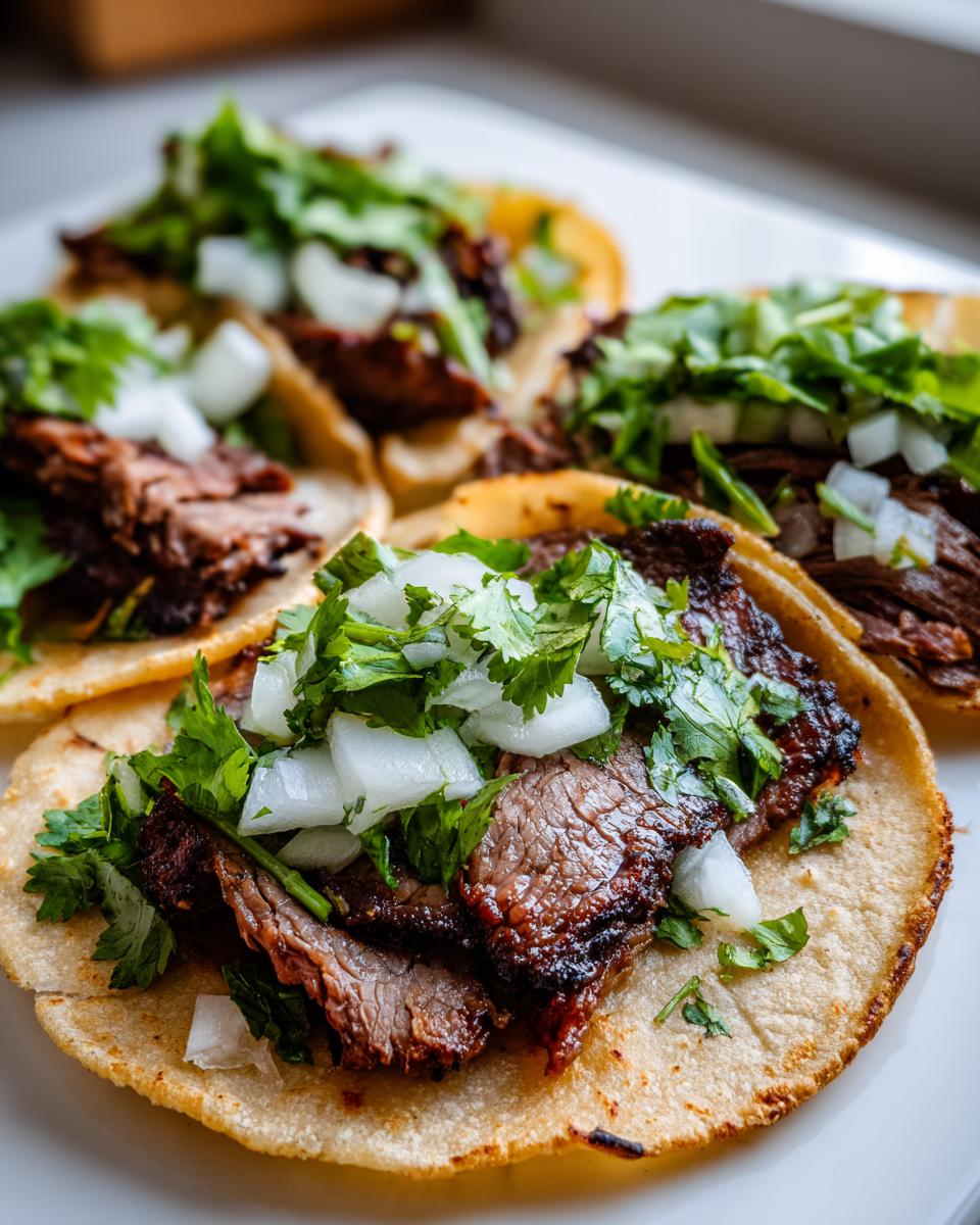 Close-up of delicious Carne asada street tacos topped with diced white onion and fresh cilantro on a white plate.