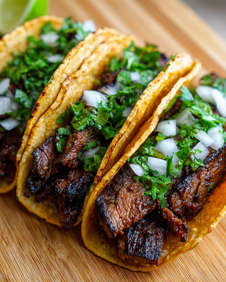 Three perfectly assembled carne asada street tacos topped with cilantro and diced white onion on a wooden board.
