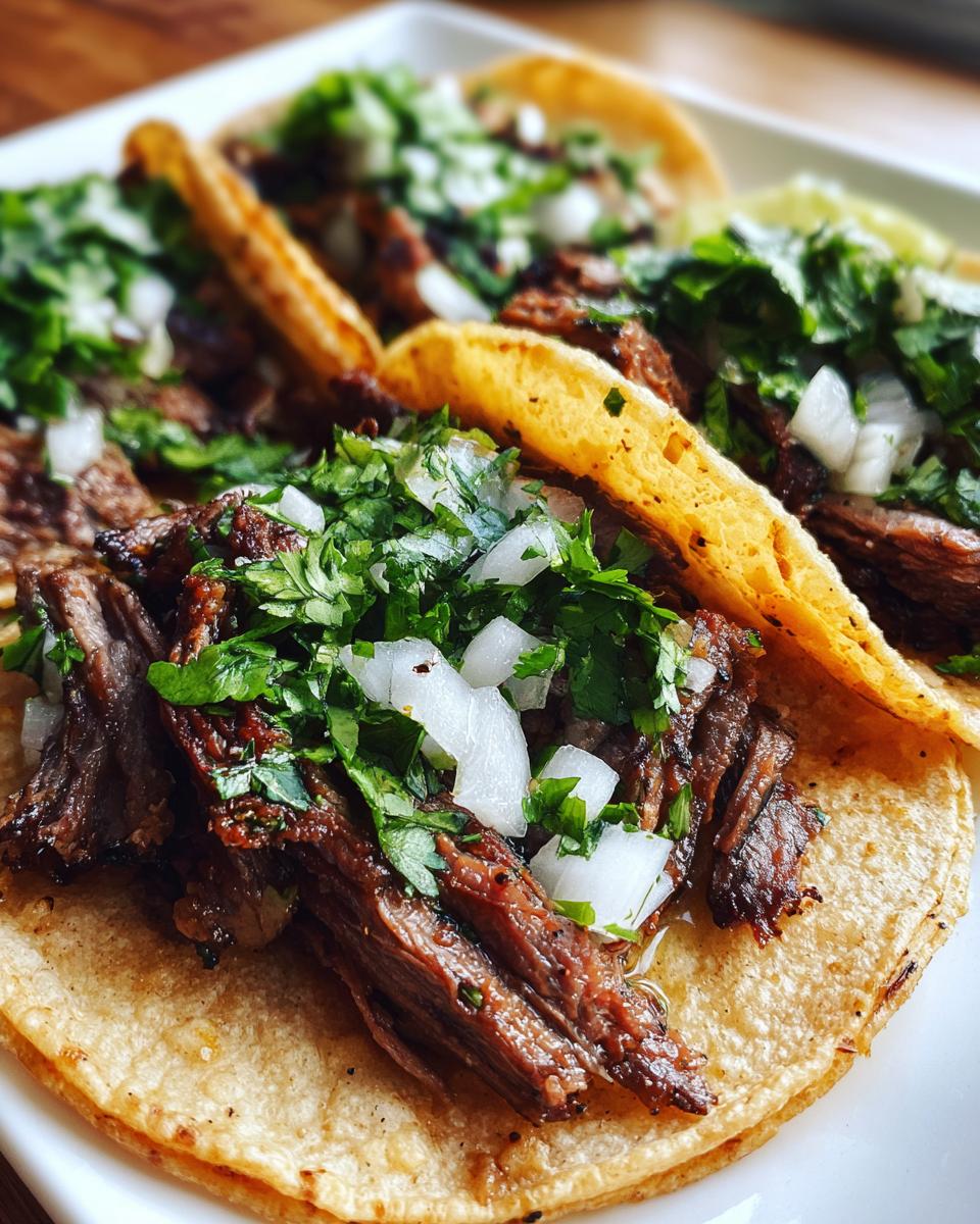 Close-up of delicious Carne asada street tacos loaded with marinated steak, diced white onion, and fresh cilantro on warm corn tortillas.