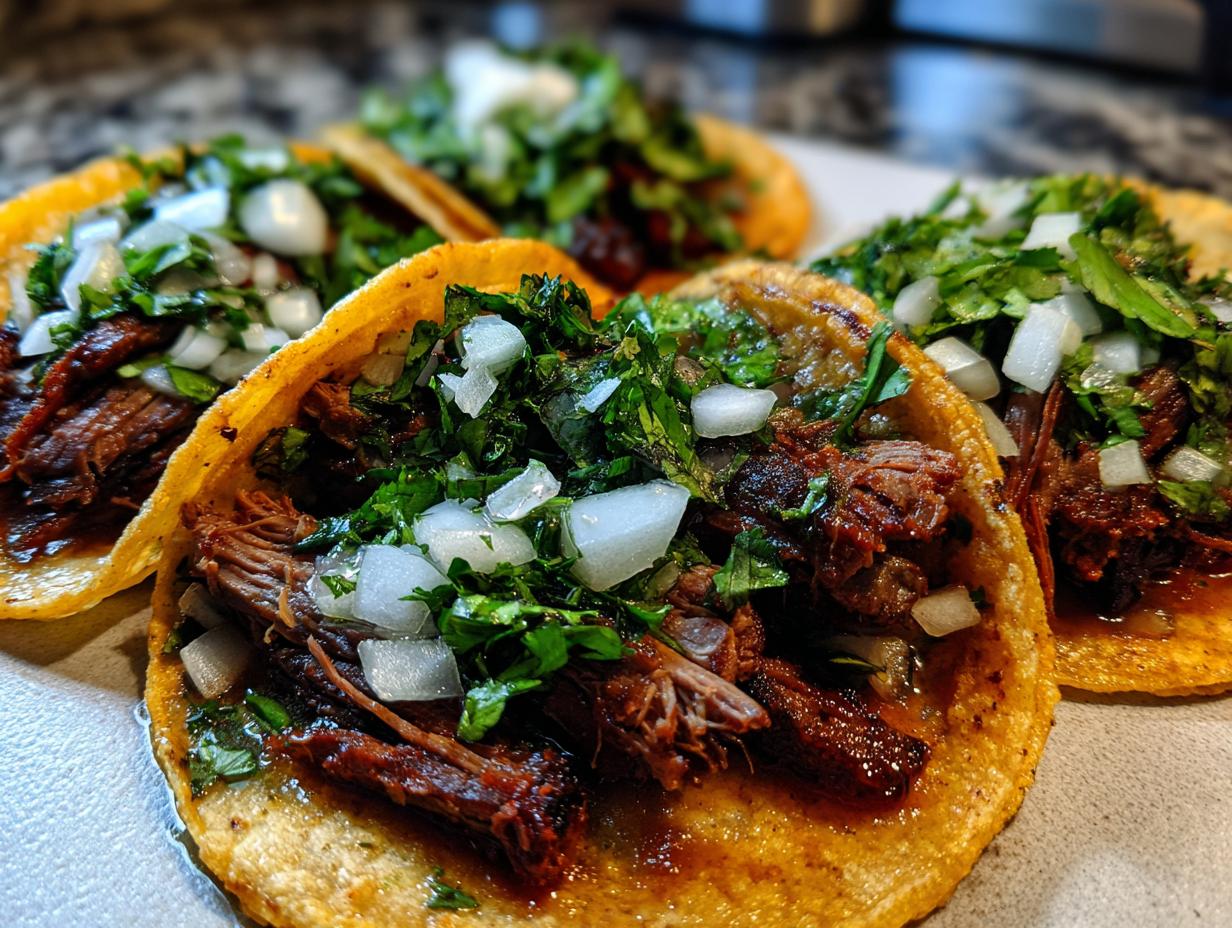 Close-up of several delicious Carne asada street tacos topped generously with chopped white onion and fresh cilantro.